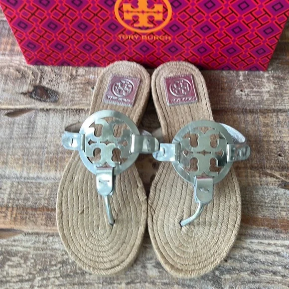 Tory Burch Espadrille Mirror Miller Metallic Sandals - Picture 2 of 7